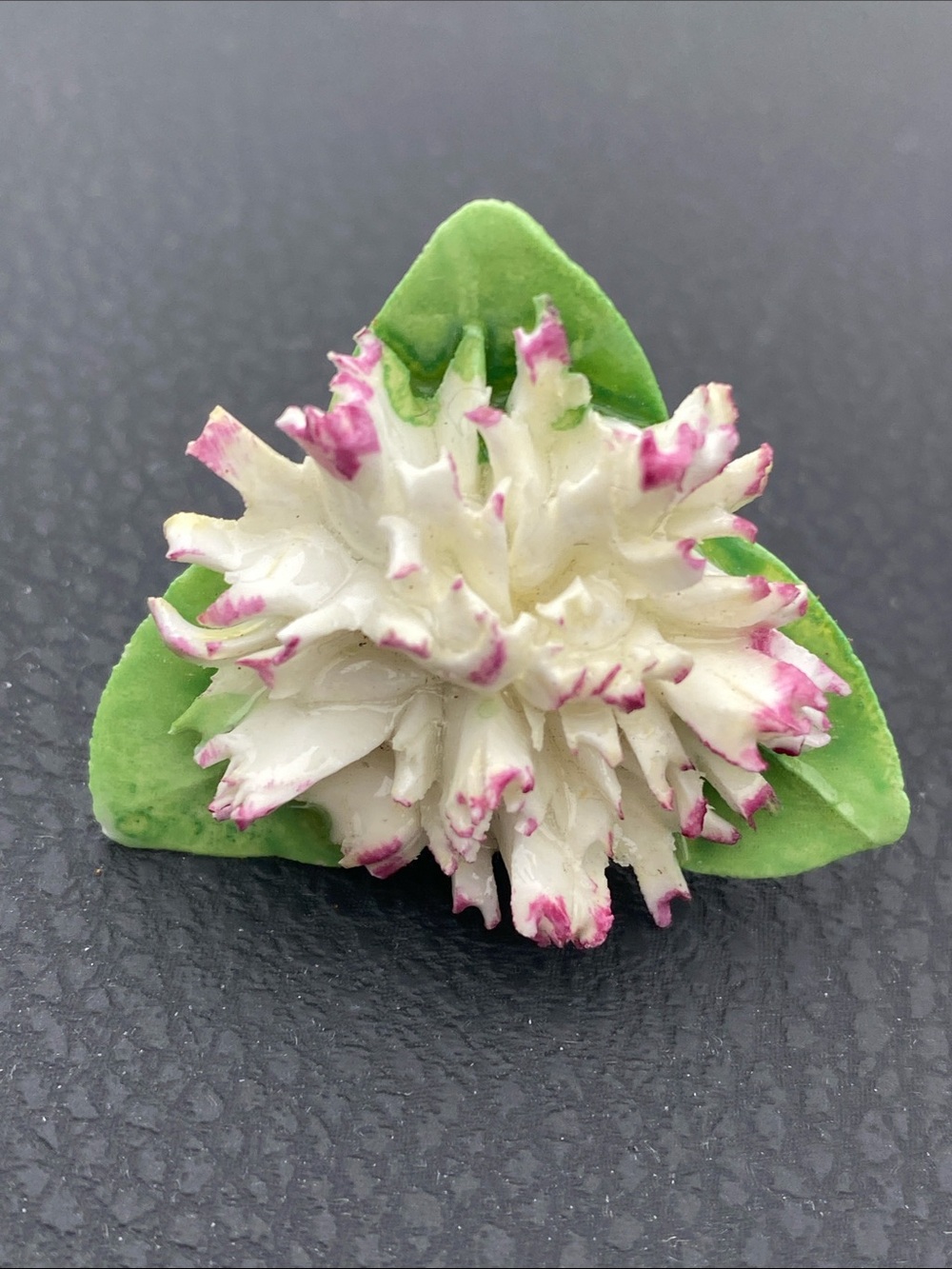 Adderley made England White & Pink porcelain Floral Brooch with Green Leaves